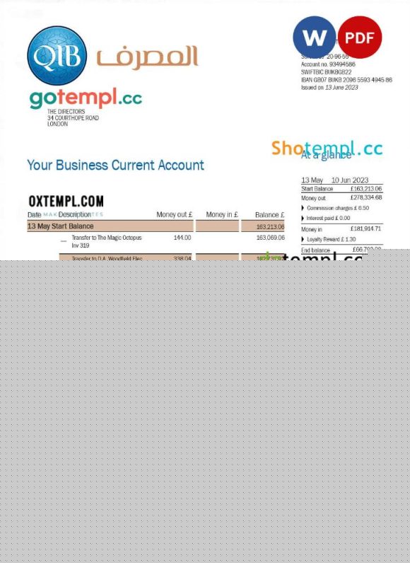editable template, QATAR Islamic Bank business statement Word and PDF template