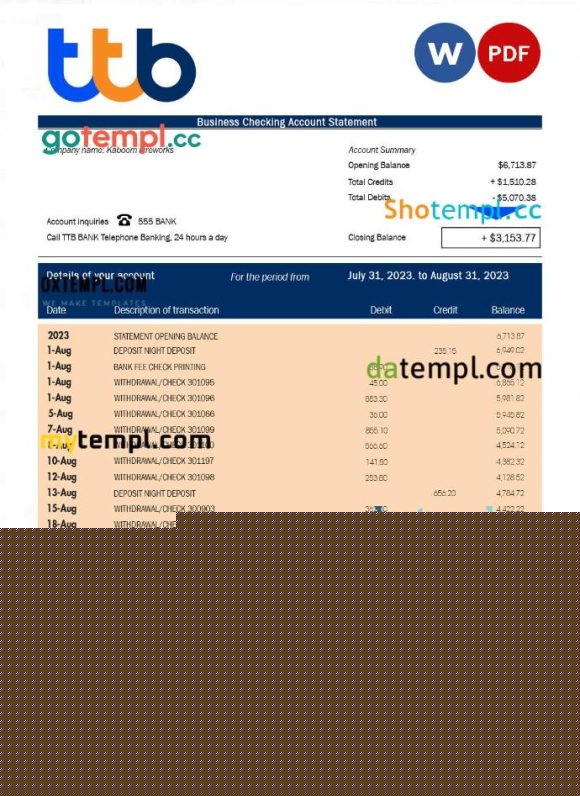 editable template, TTB Bank corporate checking account statement Word and PDF template