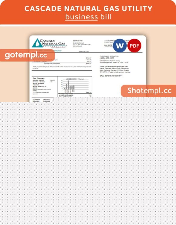 Cascade Natural Gas business utility bill, Word and PDF template