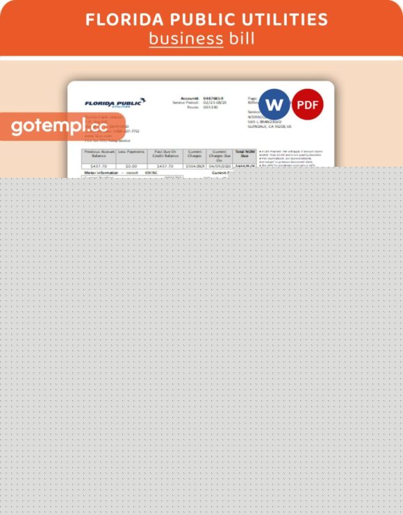 Florida Public Utilities utility business bill, Word and PDF template, 4 pages, version 3