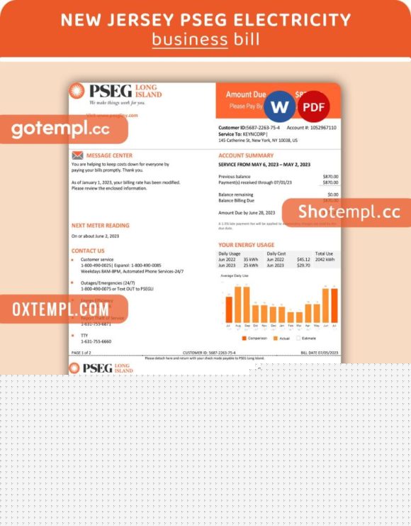 New Jersey PSEG electricity business utility bill, Word and PDF template, 2 pages
