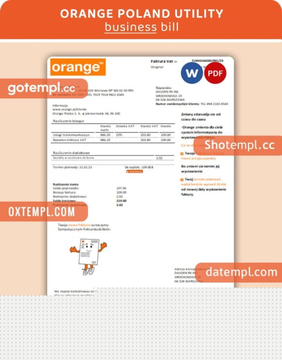 Orange Poland business utility bill, Word and PDF template, 4 pages, version 3