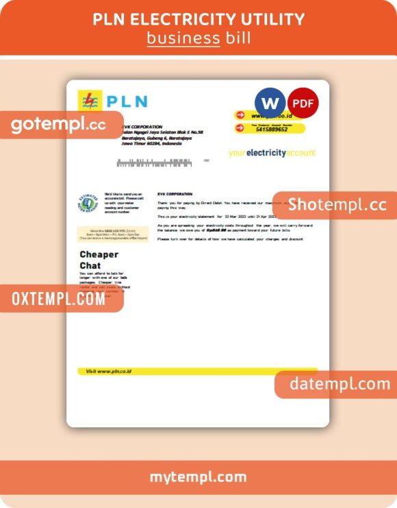 PLN electricity business utility bill, Word and PDF template