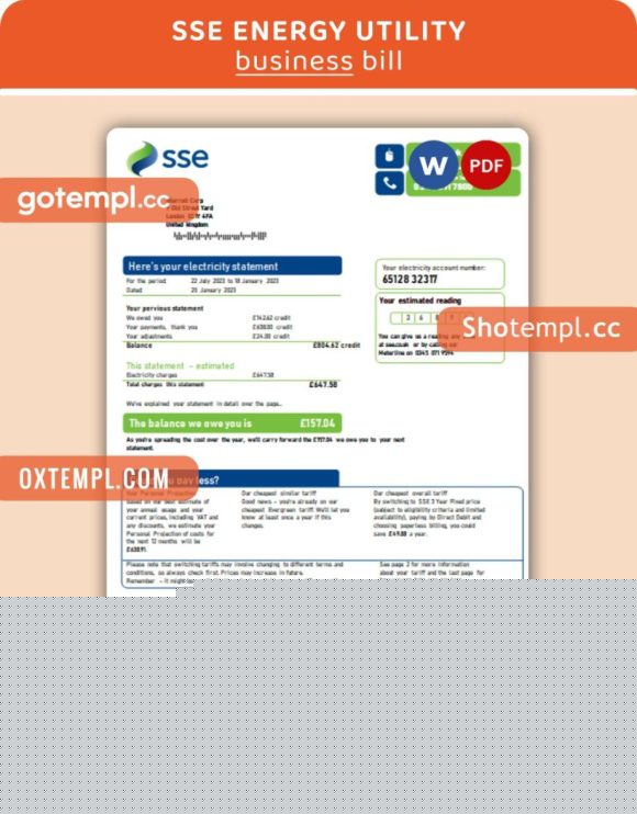 SSE Energy business utility bill, Word and PDF template
