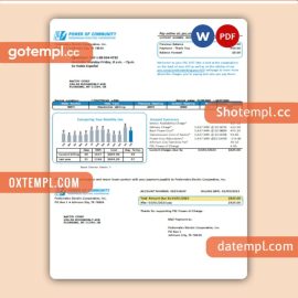 Texas Power of Community electricity business utility bill, Word and PDF template, 2 pages