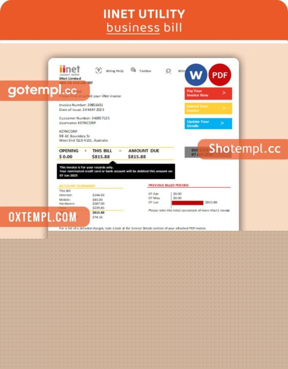 iiNet business utility bill, Word and PDF template