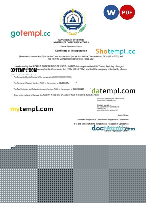 Cabo Verde business registration certificate Word and PDF template