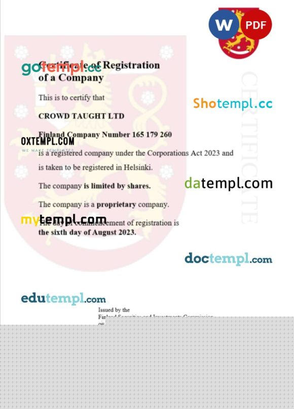 Finland business registration certificate Word and PDF template