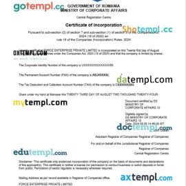 Romania business registration certificate Word and PDF template