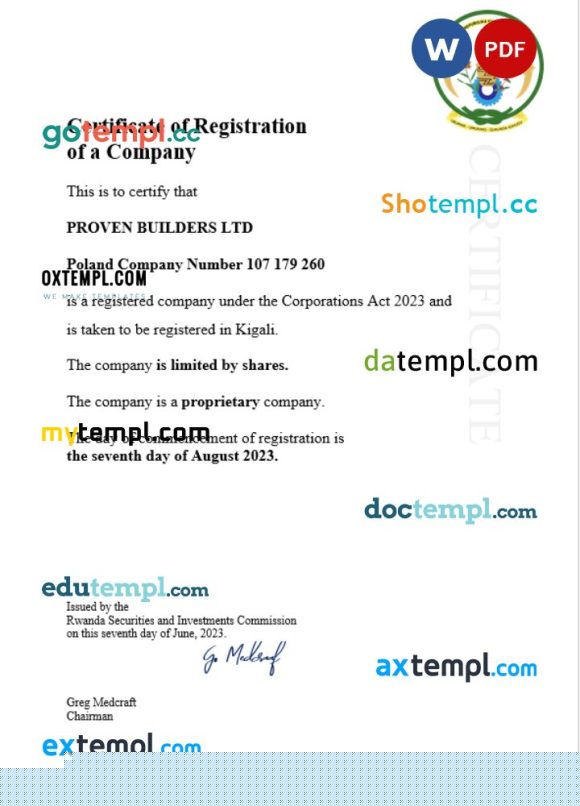 Rwanda business registration certificate Word and PDF template
