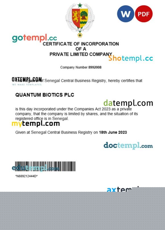 Senegal business registration certificate Word and PDF template