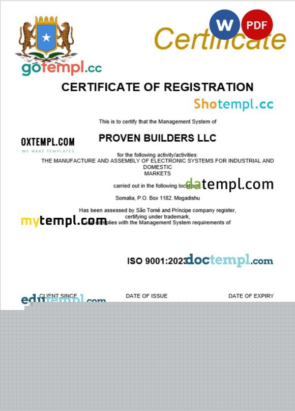 Somalia business registration certificate Word and PDF template
