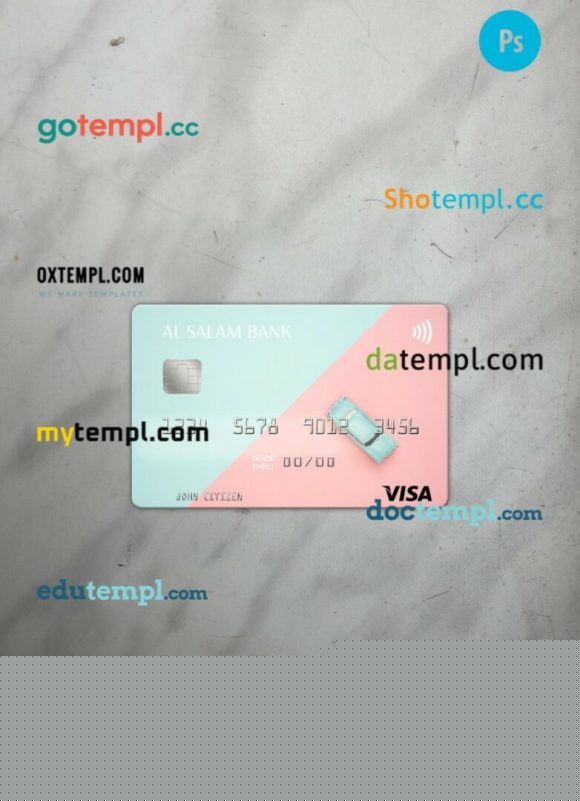 Algeria Al Salam Bank visa card PSD scan and photo-realistic snapshot, 2 in 1