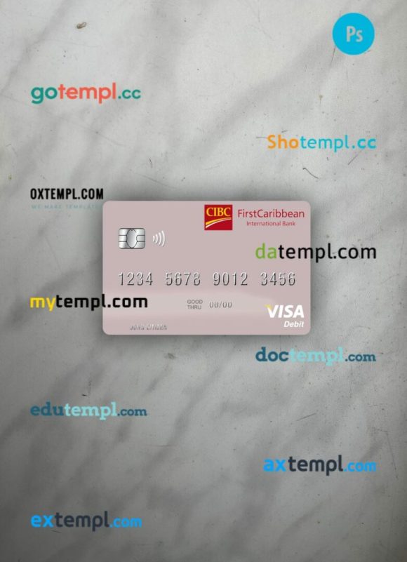 Saint Vincent and the Grenadines FirstCaribbean International Bank visa debit card PSD scan and photo-realistic snapshot, 2 in 1