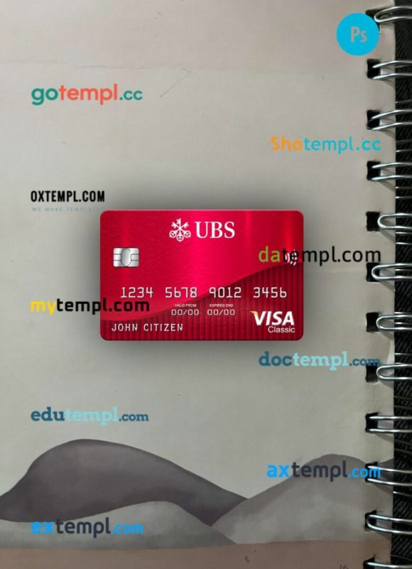 Switzerland UBS bank visa classic card PSD scan and photo-realistic snapshot, 2 in 1