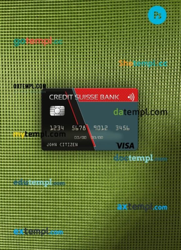 USA Credit Suisse Bank visa card PSD scan and photo-realistic snapshot, 2 in 1