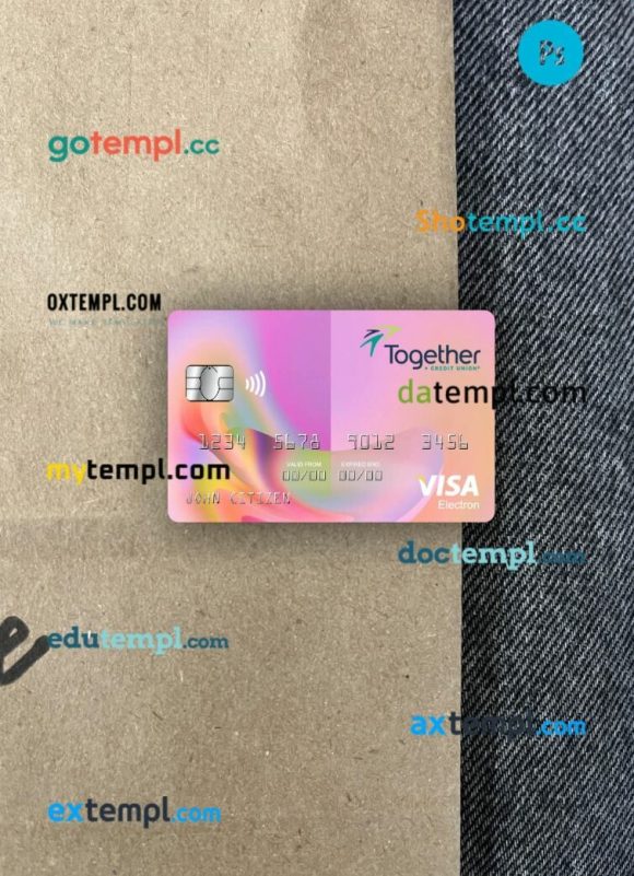 USA Missouri Together Credit Union bank visa electron card PSD scan and photo-realistic snapshot, 2 in 1