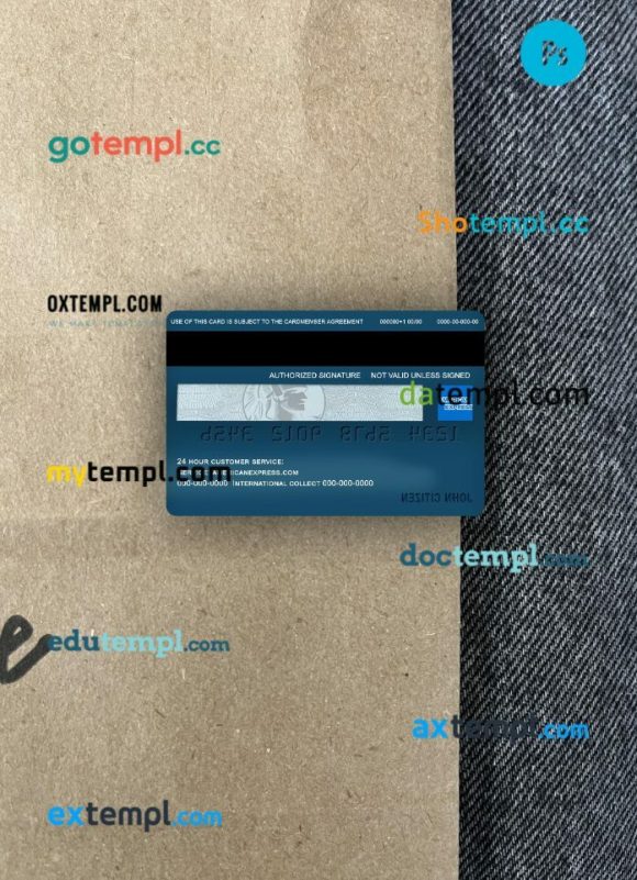 USA New York American Express Blue bank credit card PSD scan and photo-realistic snapshot, 2 in 1 - Image 2
