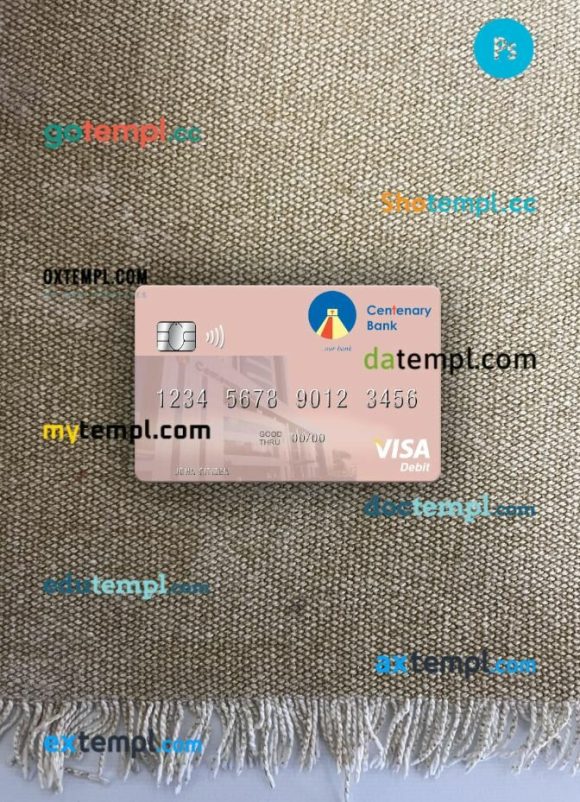 Uganda Centenary Bank visa debit card PSD scan and photo-realistic snapshot, 2 in 1