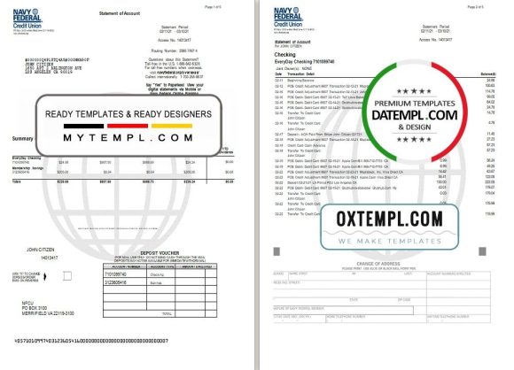 USA Navy Federal Union bank statement 3 - 6 months example in Excel and PDF format (5 pages)