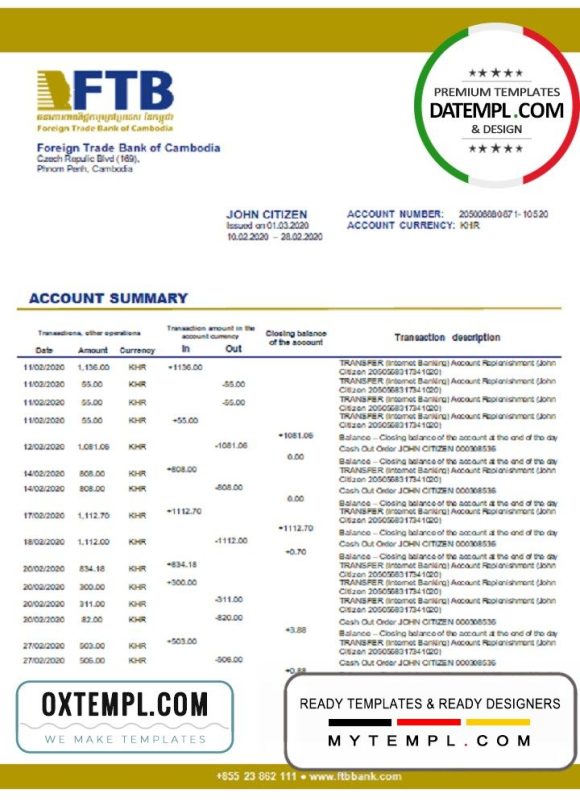 Cambodian Foreign Trade Bank of Cambodian bank statement 3 - 6 months example in Word and PDF format
