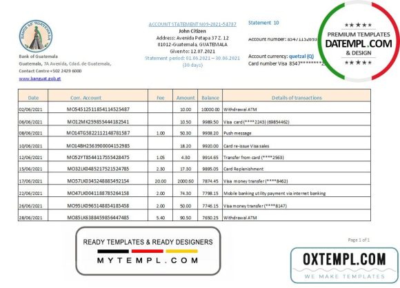 Guatemalan Banco de Guatemalan bank statement 3 - 6 months easy to fill example in Excel and PDF format