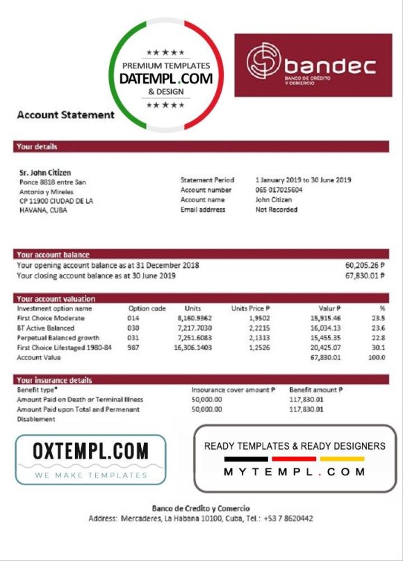 Cuban Bandec Banco de Credito y Comercio bank statement 3 - 6 months example in Word and PDF format, good for address prove
