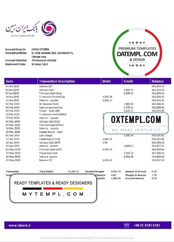 Persian Zamin Bank statement example in Word and PDF format