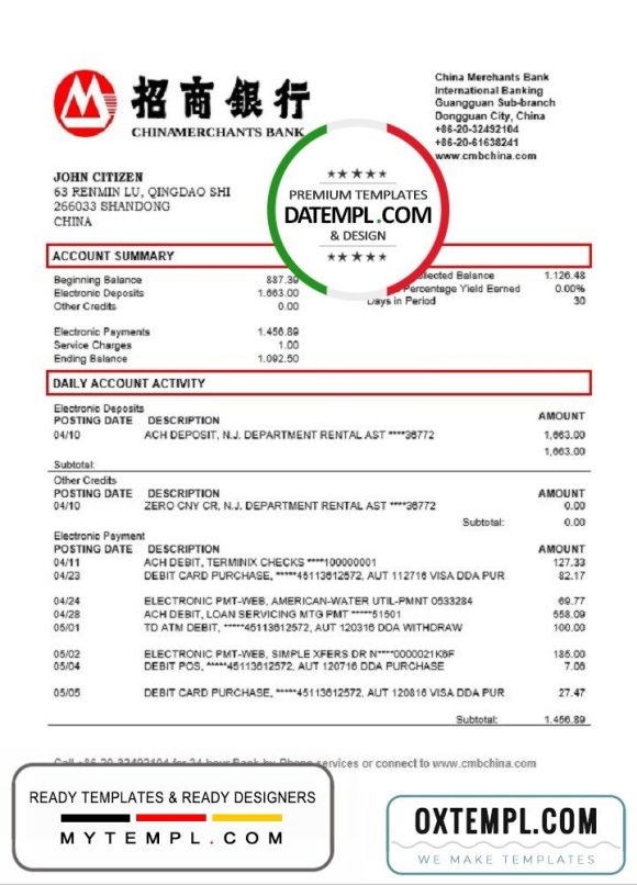 Chinese Merchants bank proof of address statement example in Word and PDF format