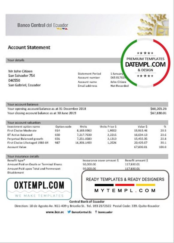Ecuadorian Central Bank of Ecuadorian proof of address bank statement 3 - 6 months example in Word and PDF format