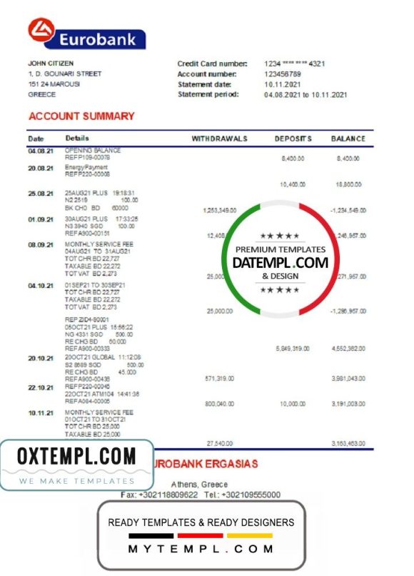 Greek Eurobank Ergasias bank statement 3 - 6 months easy to fill example in Excel and PDF format