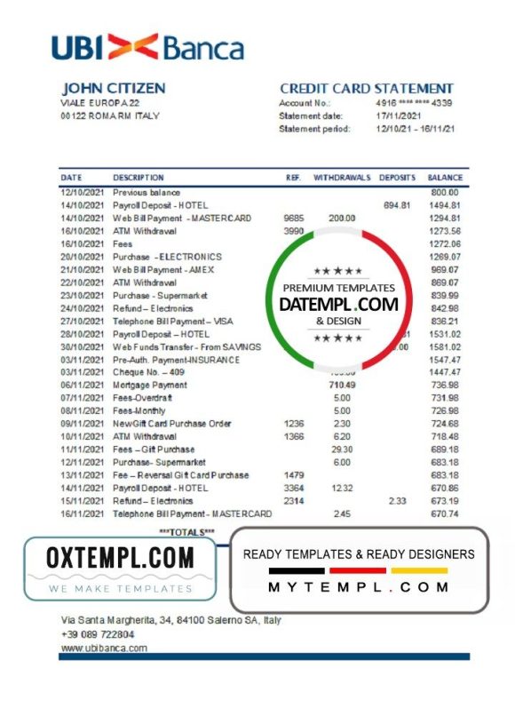 Italian UBI BANCA bank statement 3 - 6 months easy to fill example in Excel and PDF format