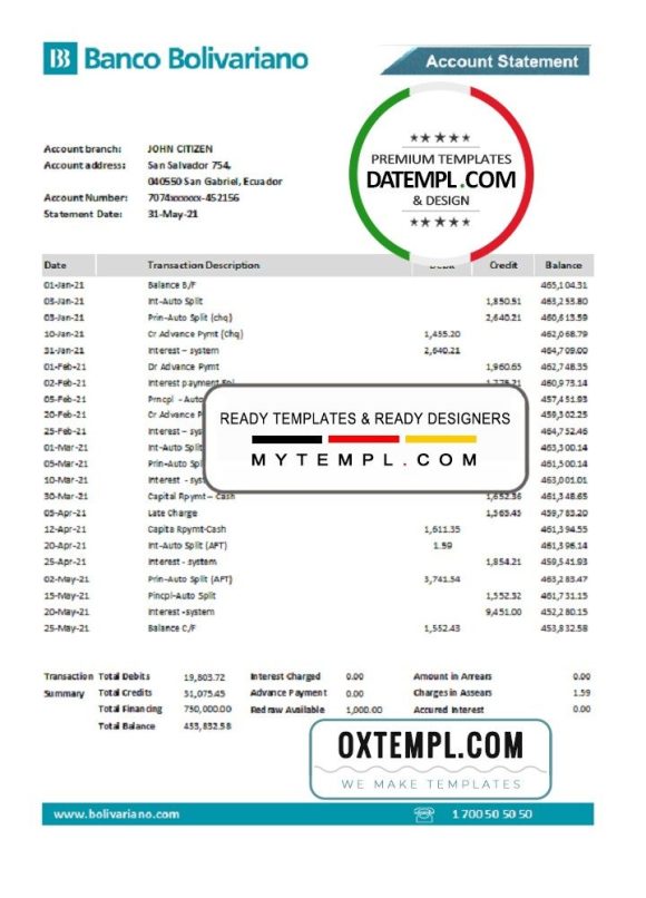 Ecuadorian Banco Bolivariano bank statement 3 - 6 months easy to fill example in .xls and .pdf file format