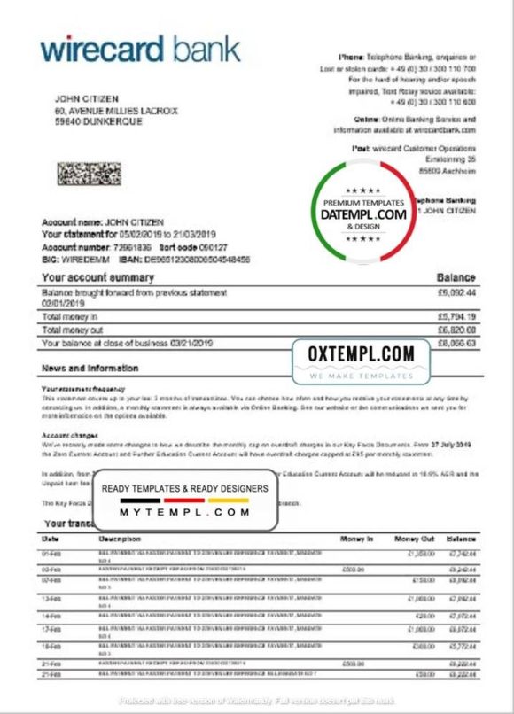 German Aschheim Wirecard bank statement 3 - 6 months easy to fill example in Word and PDF format