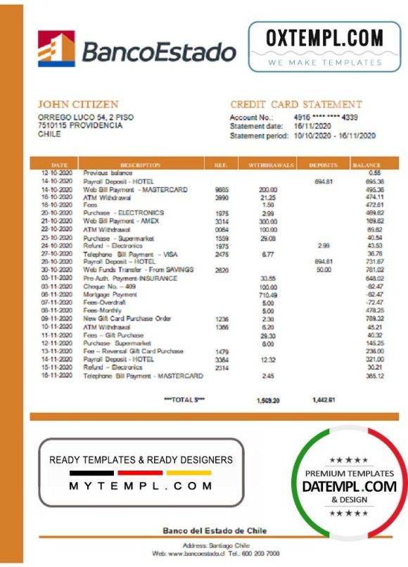 Chilean Banco del Estado de Chilean bank statement 3 - 6 months example in Word and PDF format