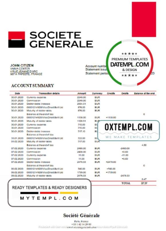 French Société Générale bank statement 3 - 6 months example in Word and PDF format