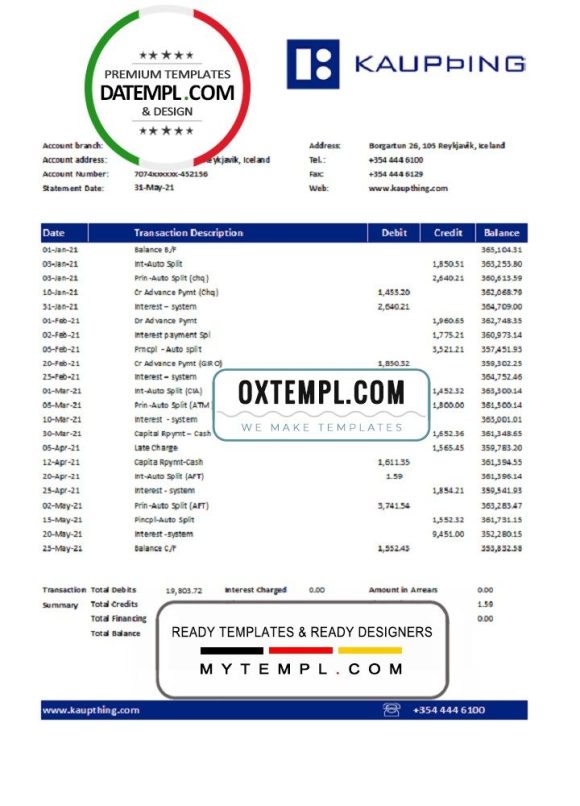 Icelandic Kaupthing Bank statement easy to fill example in Excel and PDF format