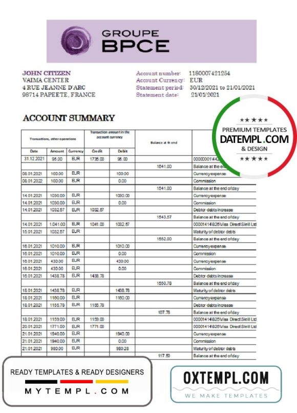 French Groupe BPCE bank statement 3 - 6 months easy to fill example in Excel and PDF format