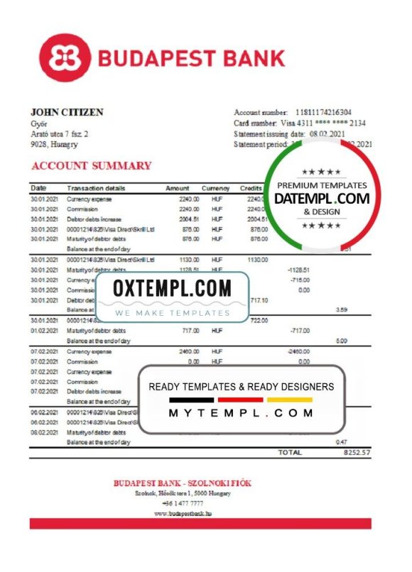Hungarian Budapest Bank - Szolnoki Fiók bank statement 3 - 6 months easy to fill example in .xls and .pdf file format