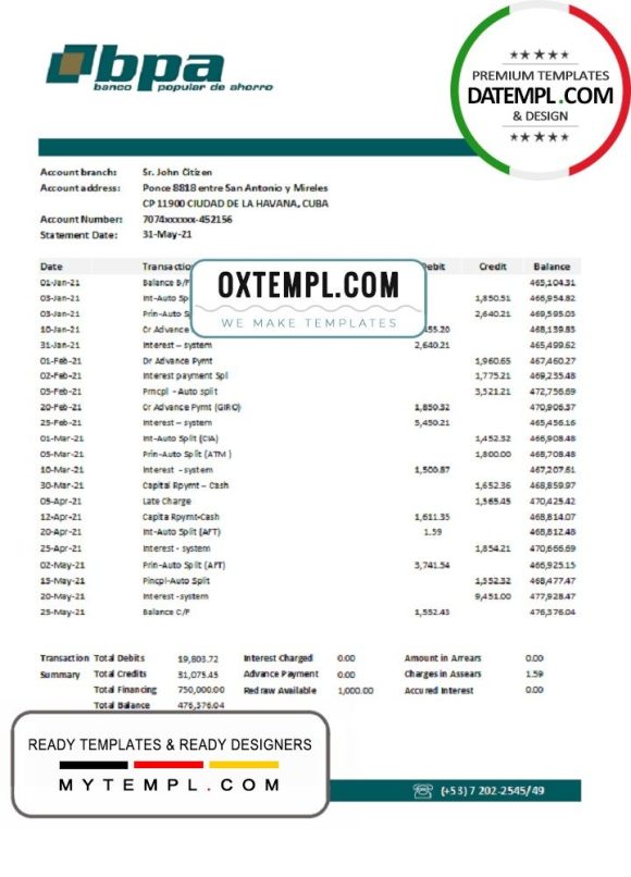 Cuban Banco Popular de Ahorro (BPA) bank statement 3 - 6 months easy to fill example in Excel and PDF format
