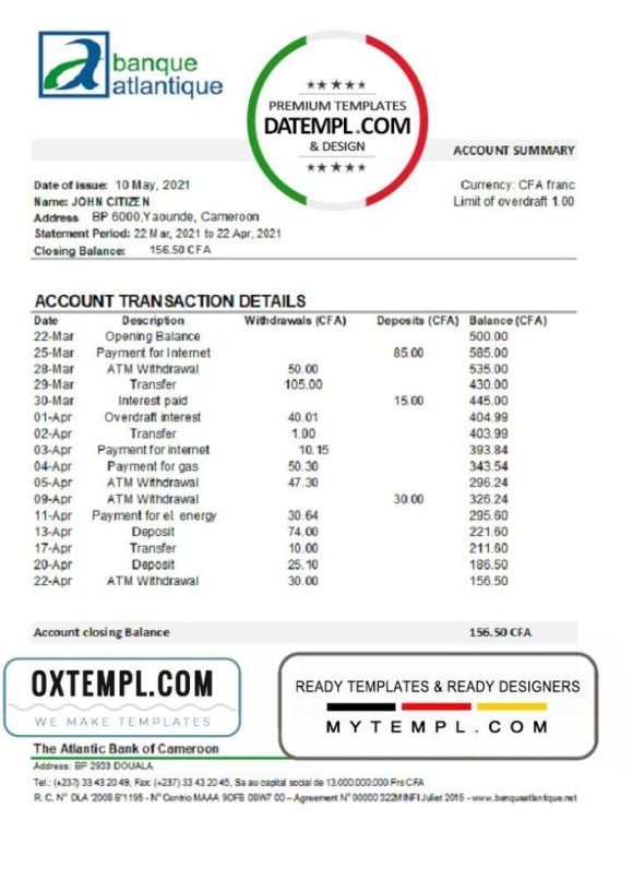 Cameroonian Atlantic bank statement 3 - 6 months example in Excel and PDF format
