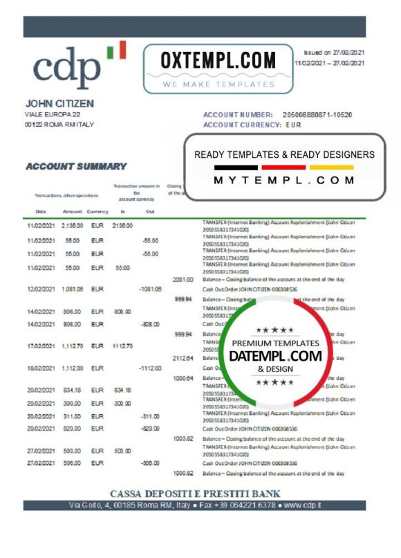 Italian Cassa Depositi e Prestiti bank statement 3 - 6 months easy to fill example in .xls and .pdf file format