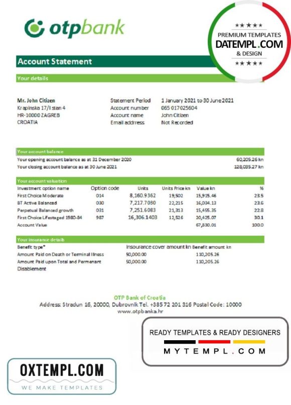 Croatian OTP Bank statement easy to fill example in Excel and PDF format