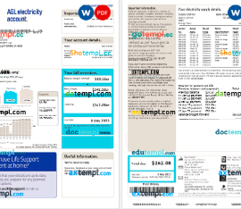 Australia AGL electricity account energy utility bill Word and PDF formats, 3 pages, version 2