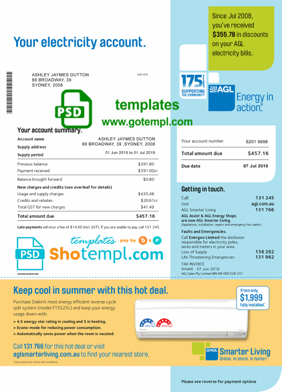 Australia AGL electricity utility bill download example, fully editable in PSD format