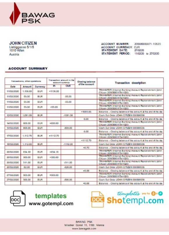 Austrian BAWAG PSK bank statement 3 - 6 months example in Word and PDF format