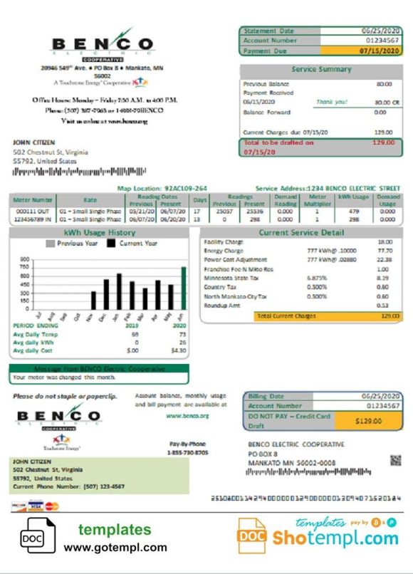 USA Minnesota Benco Elecric electricity easy fillable utility bill download example in Word and PDF format (.doc and .pdf)