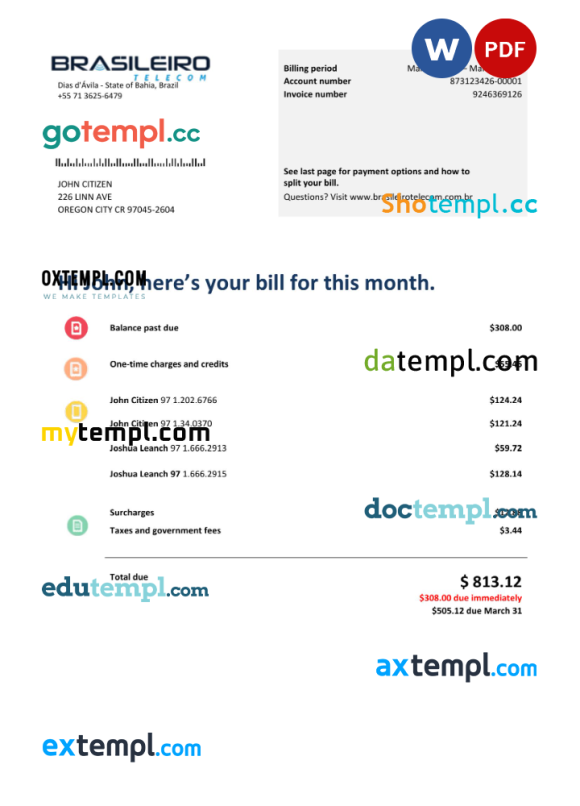 Brazilian Brazilianiero Telecom telecommunication bill Word and PDF example