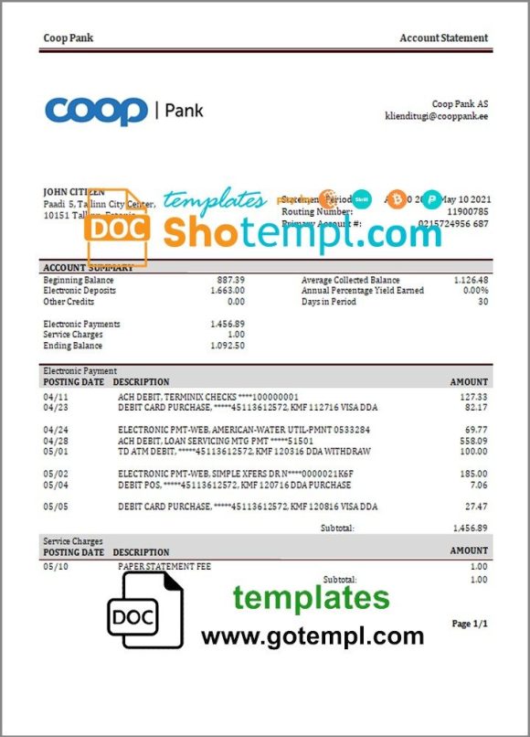 Estonian Coop Pank proof of address bank statement 3 - 6 months example in Word and PDF format