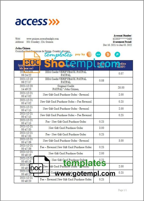 Guinean Access proof of address bank statement 3 - 6 months example in Word and PDF format